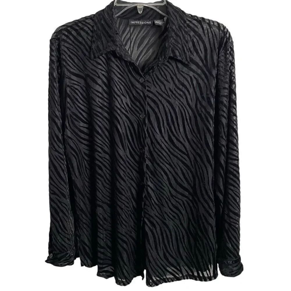Vtg Womens Animal Print Blouse XL Black Velvet Burnout Button Up Dark Romantic
